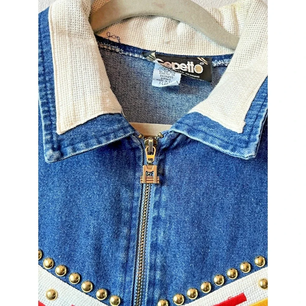 Vtg Gepetto Womens Blue Denim Gold Studs Jacket & Matching Pull on Pants XL SET